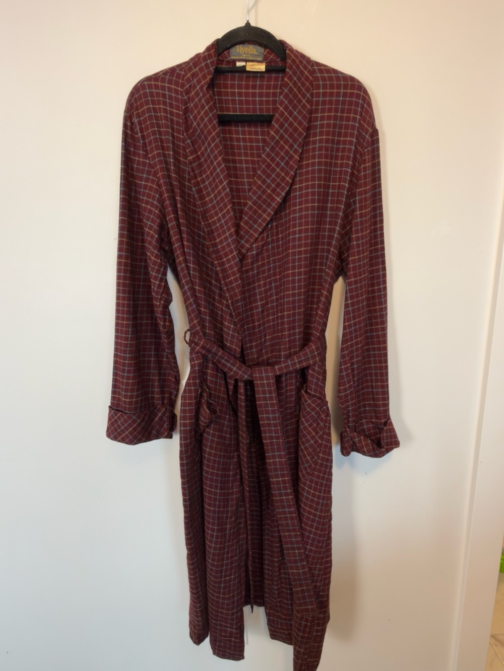 VTG Scottish Wool Cotton Plaid Burgundy Shawl Collar Wrap Coatigan with Belt Rob